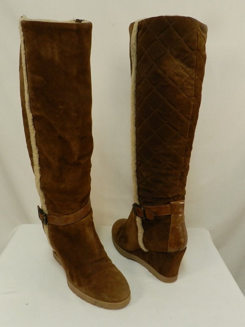 Aquatalia Callie Suede Quilted tall wedge zip boots Shearling Lined Sz 41 US 9.5